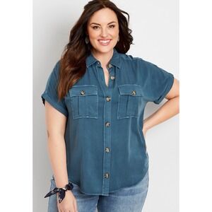 Maurices Blue Utility Top‎ L Short Sleeve Button Front 100% Rayon Relaxed Fit